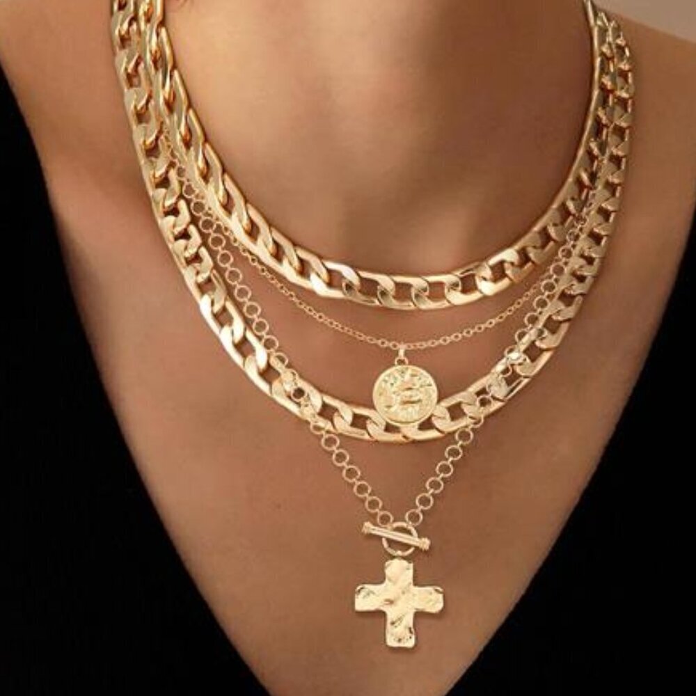 Layered Necklaces Natalia Gold Tone Trendy Retro Coin and Cross Pendant